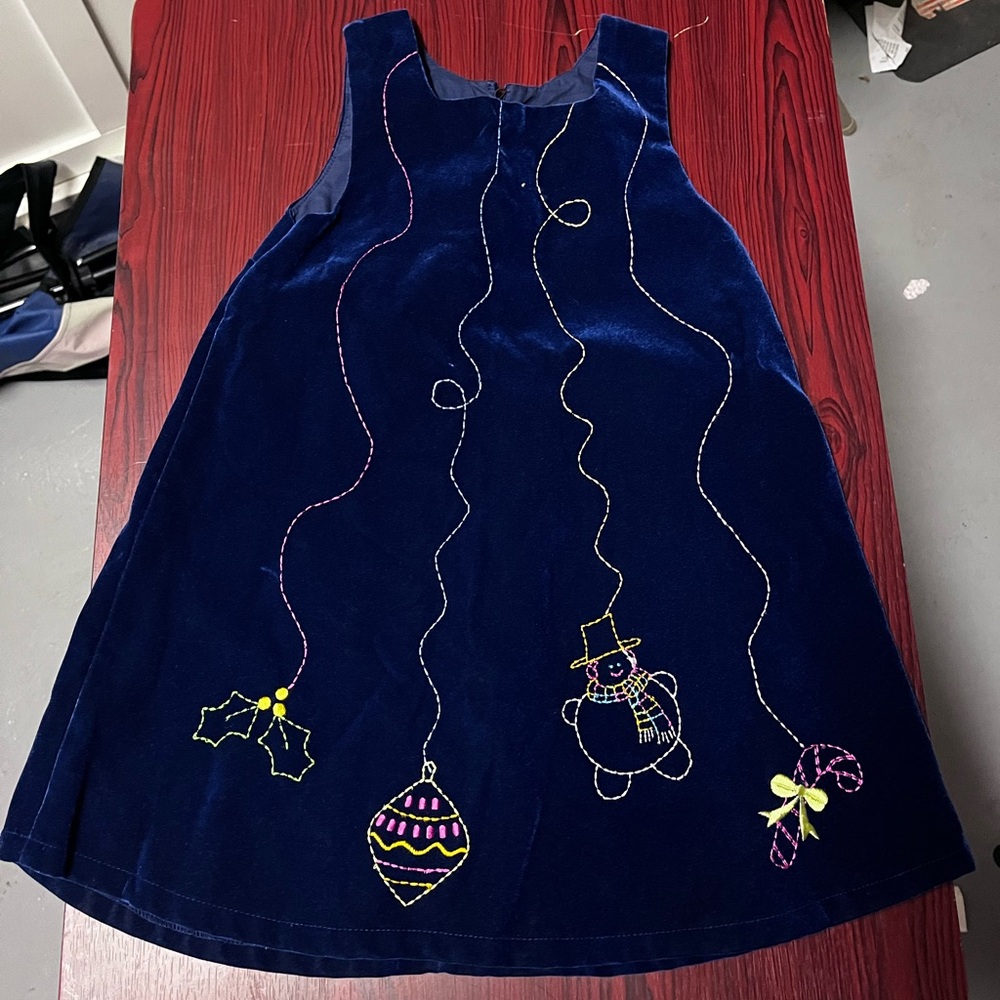 Festive Blue Velvet Dress with Embroidered Holiday Designs